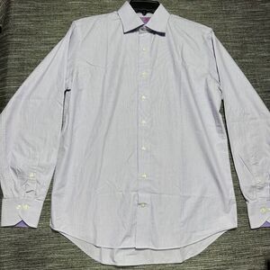 Lorenzo Uomo Button Up Dress Shirt Men's 16 Purple Trim Striped Long Sleeve